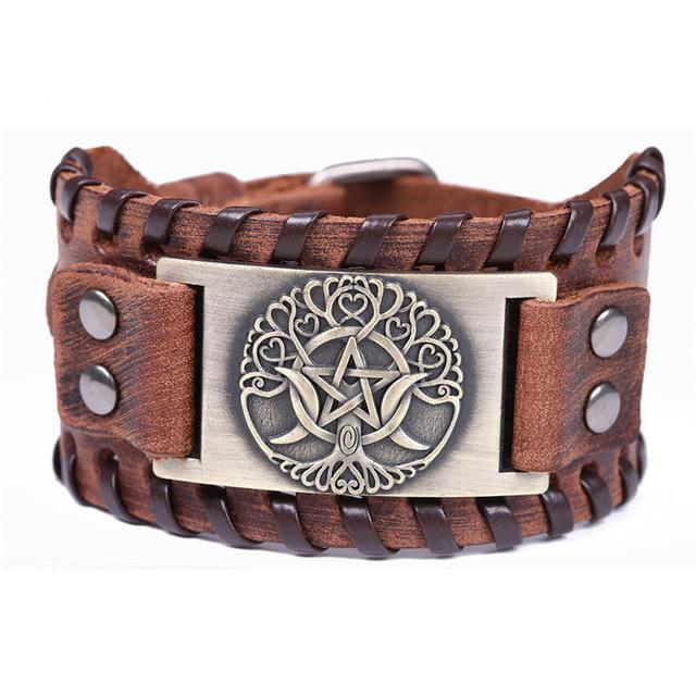 Wicca Tree of Life Triple Moon Goddess Leather Bracelet